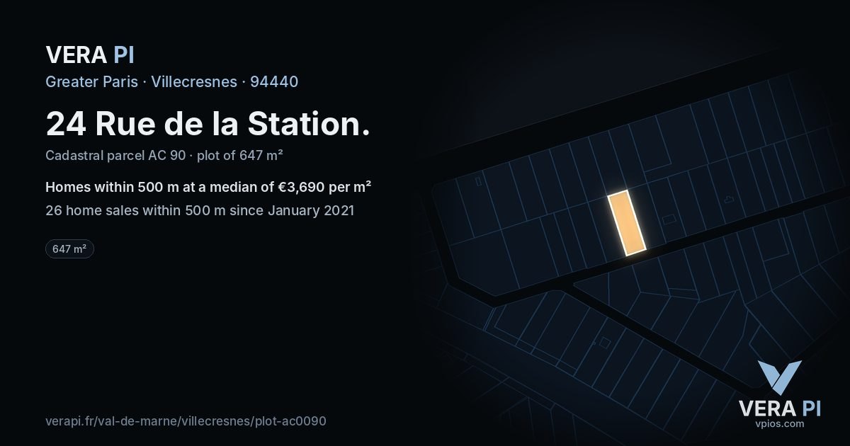 24 Rue de la Station, Villecresnes at night – the plot lit, the parcels around coloured by the prices near them