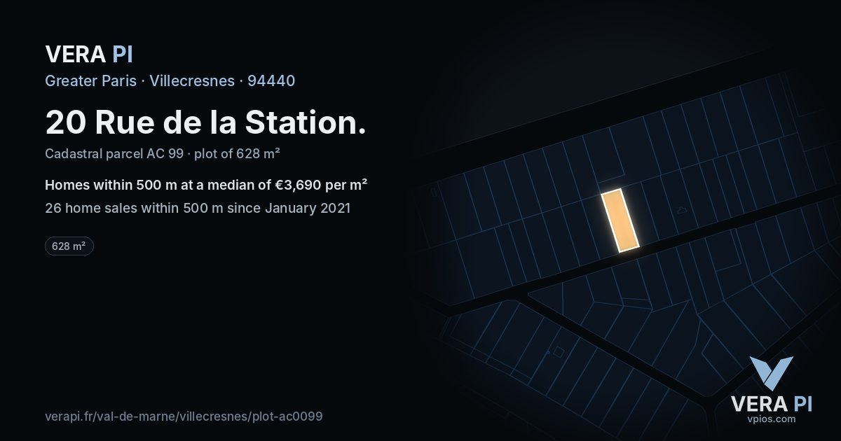 20 Rue de la Station, Villecresnes at night – the plot lit, the parcels around coloured by the prices near them