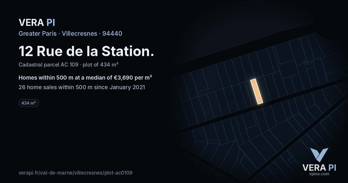 12 Rue de la Station, Villecresnes at night – the plot lit, the parcels around coloured by the prices near them