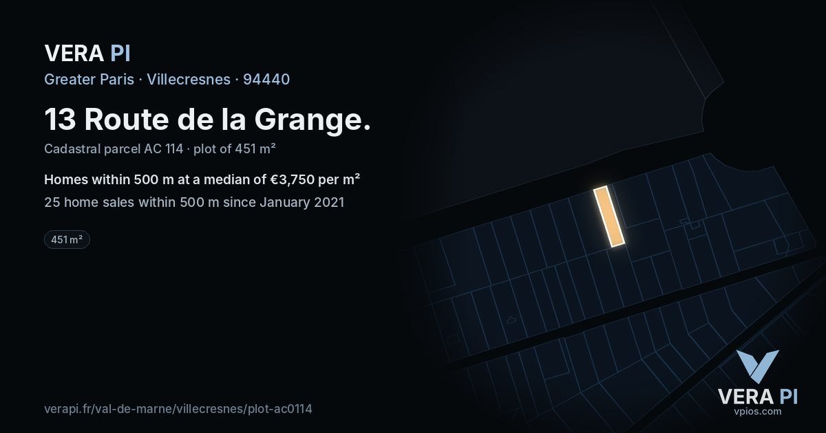 13 Route de la Grange, Villecresnes at night – the plot lit, the parcels around coloured by the prices near them