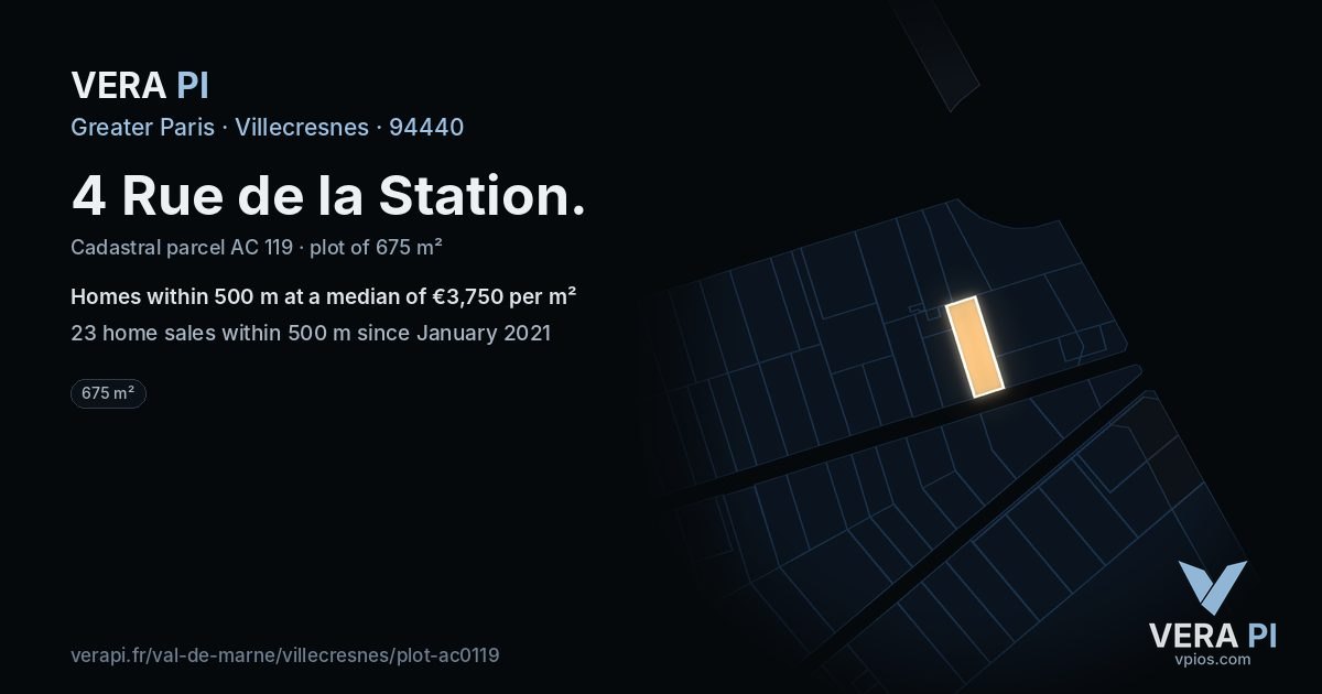 4 Rue de la Station, Villecresnes at night – the plot lit, the parcels around coloured by the prices near them