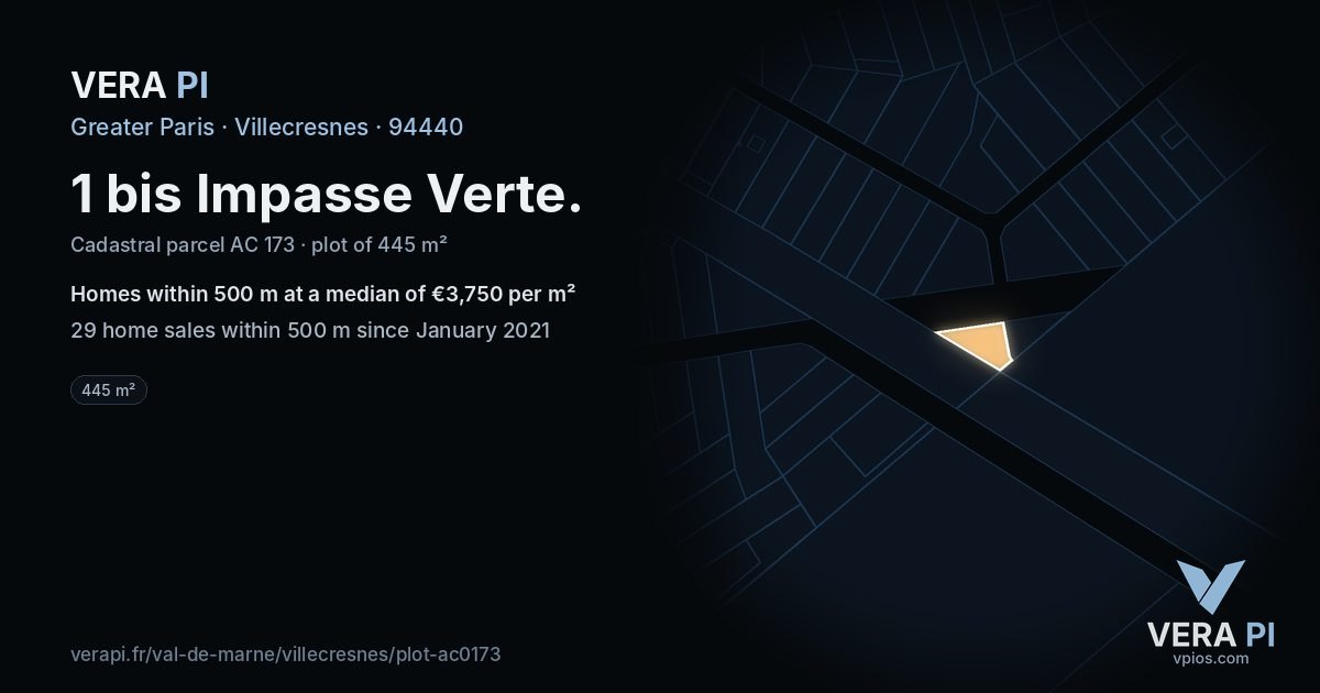 1 bis Impasse Verte, Villecresnes at night – the plot lit, the parcels around coloured by the prices near them