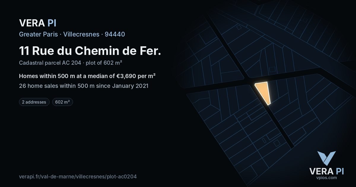 11 Rue du Chemin de Fer, Villecresnes at night – the plot lit, the parcels around coloured by the prices near them