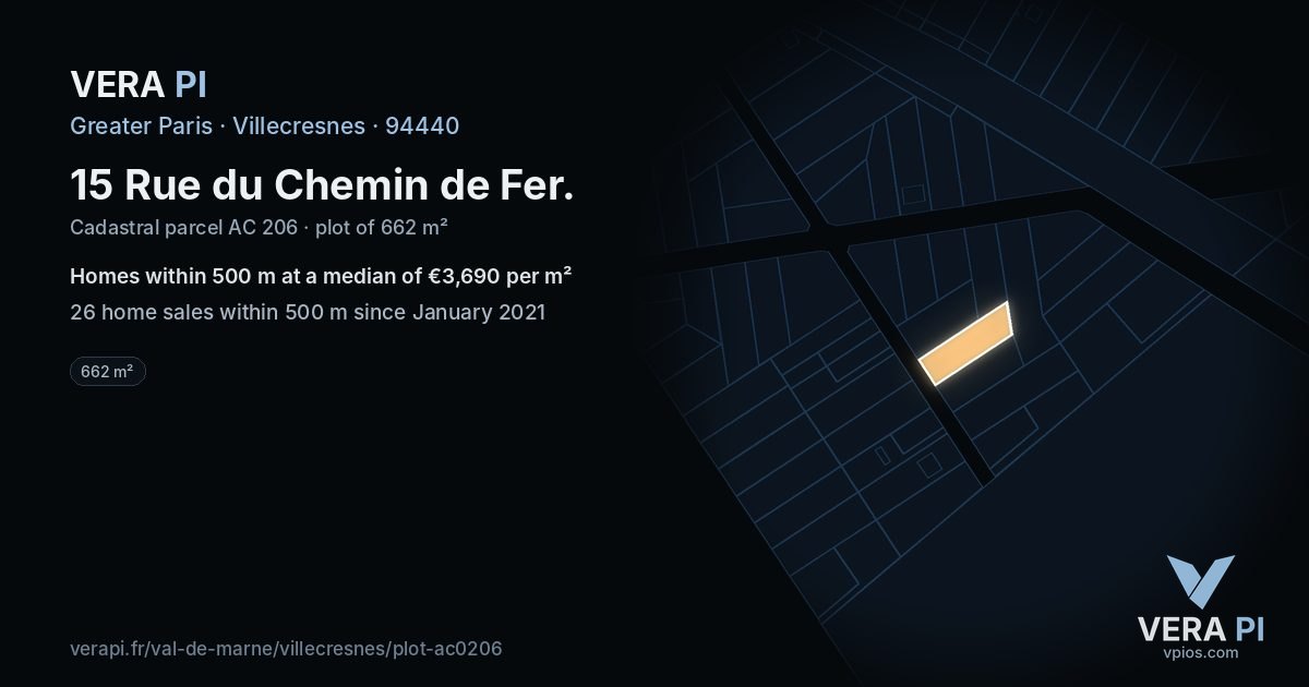 15 Rue du Chemin de Fer, Villecresnes at night – the plot lit, the parcels around coloured by the prices near them