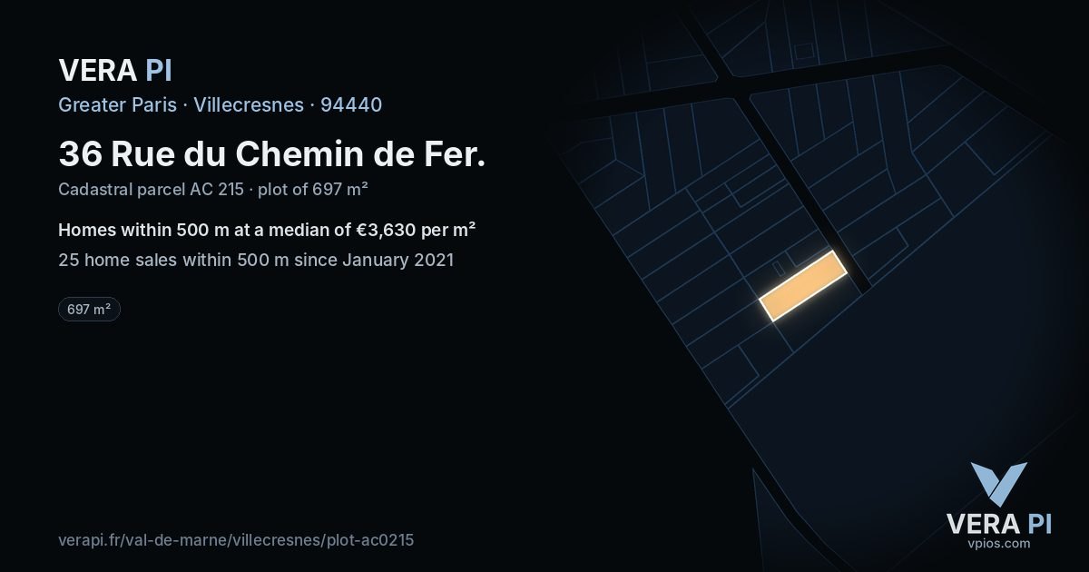 36 Rue du Chemin de Fer, Villecresnes at night – the plot lit, the parcels around coloured by the prices near them
