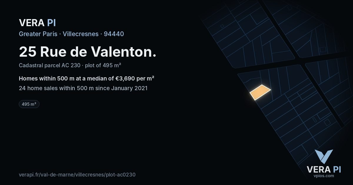 25 Rue de Valenton, Villecresnes at night – the plot lit, the parcels around coloured by the prices near them