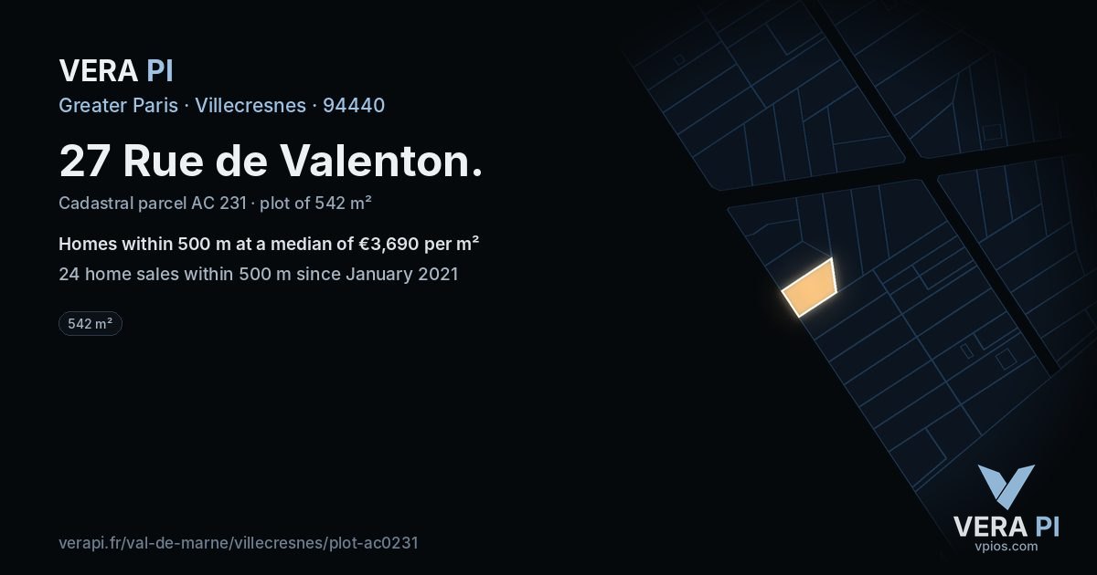 27 Rue de Valenton, Villecresnes at night – the plot lit, the parcels around coloured by the prices near them