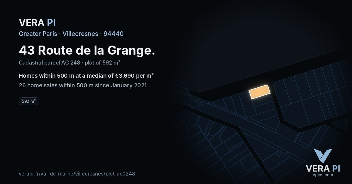 43 Route de la Grange, Villecresnes at night – the plot lit, the parcels around coloured by the prices near them