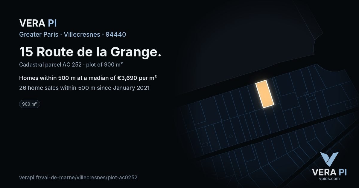15 Route de la Grange, Villecresnes at night – the plot lit, the parcels around coloured by the prices near them