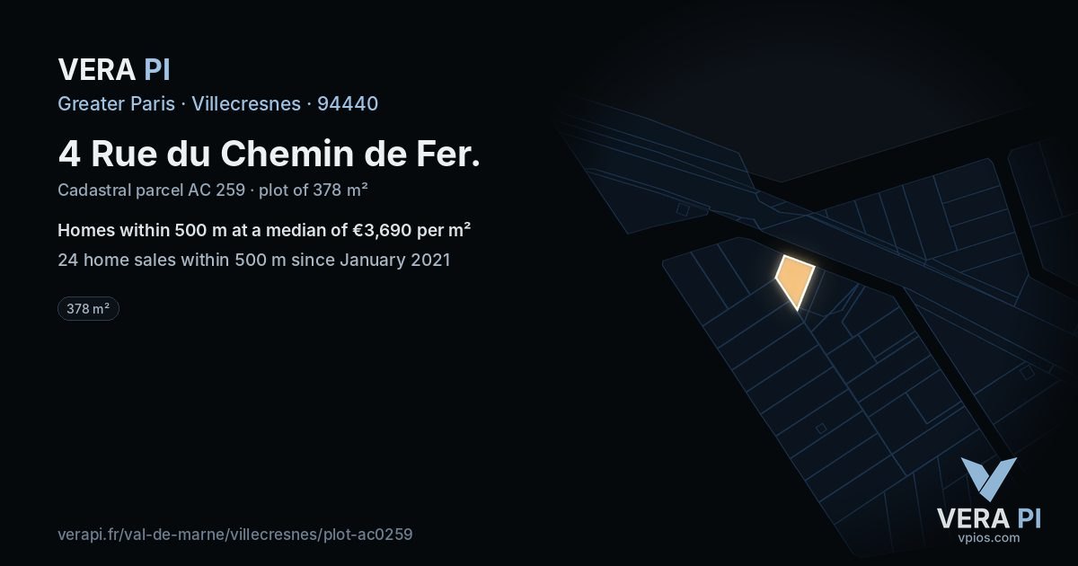 4 Rue du Chemin de Fer, Villecresnes at night – the plot lit, the parcels around coloured by the prices near them