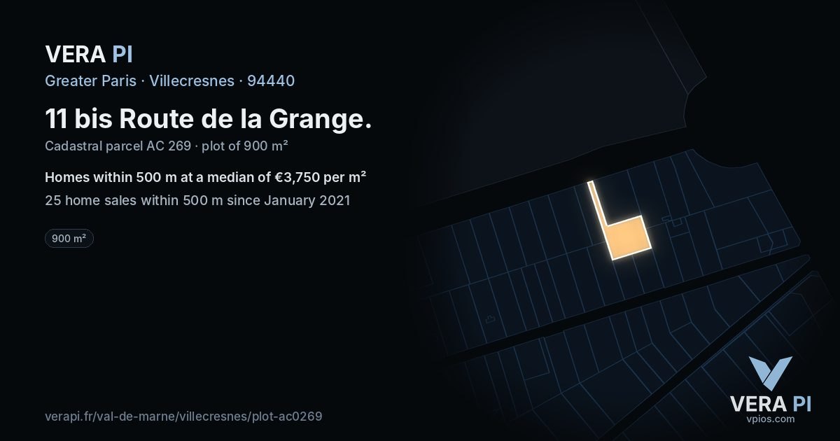 11 bis Route de la Grange, Villecresnes at night – the plot lit, the parcels around coloured by the prices near them