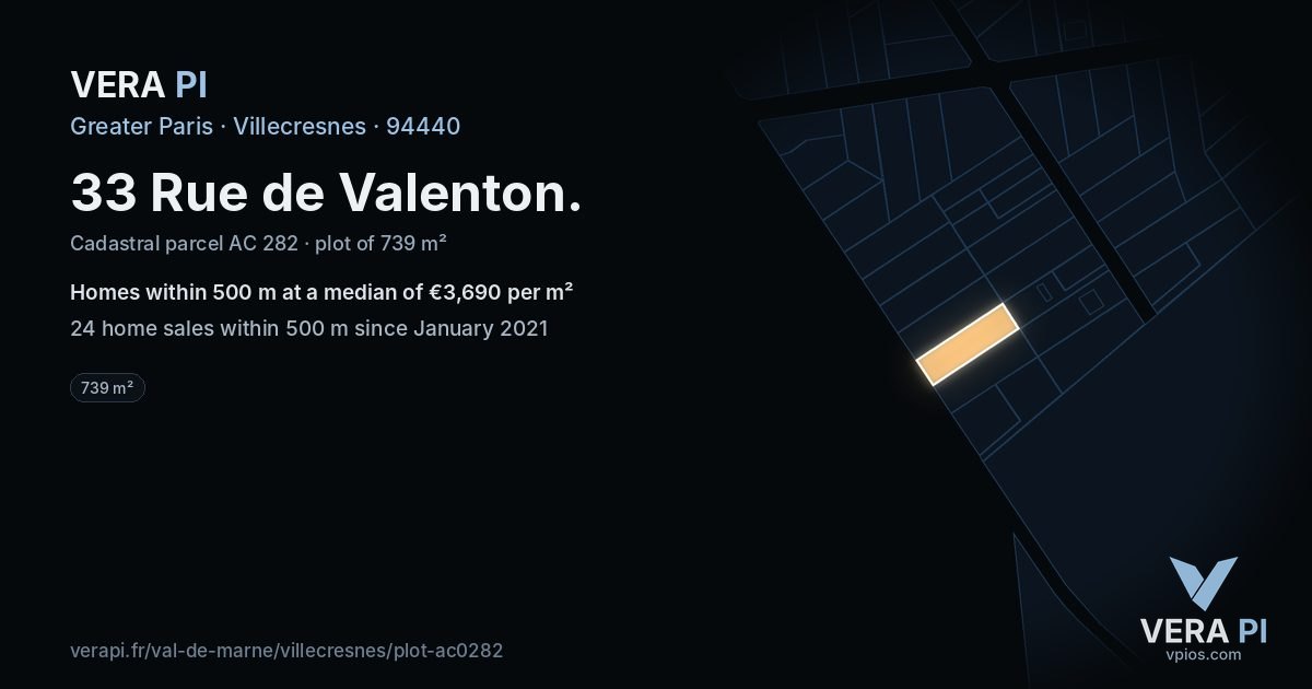 33 Rue de Valenton, Villecresnes at night – the plot lit, the parcels around coloured by the prices near them