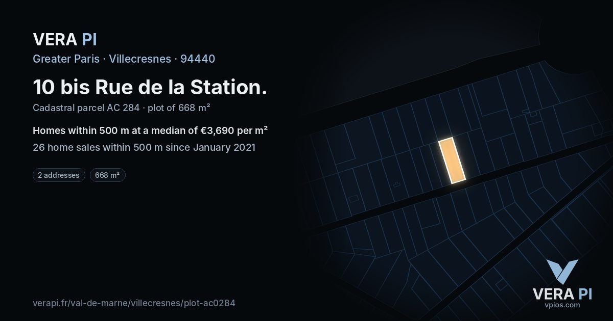 10 bis Rue de la Station, Villecresnes at night – the plot lit, the parcels around coloured by the prices near them