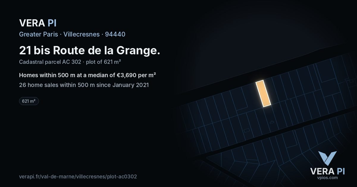 21 bis Route de la Grange, Villecresnes at night – the plot lit, the parcels around coloured by the prices near them