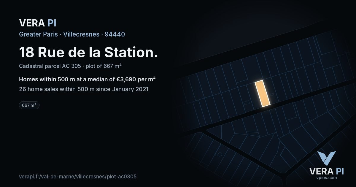 18 Rue de la Station, Villecresnes at night – the plot lit, the parcels around coloured by the prices near them