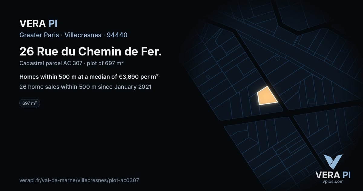 26 Rue du Chemin de Fer, Villecresnes at night – the plot lit, the parcels around coloured by the prices near them