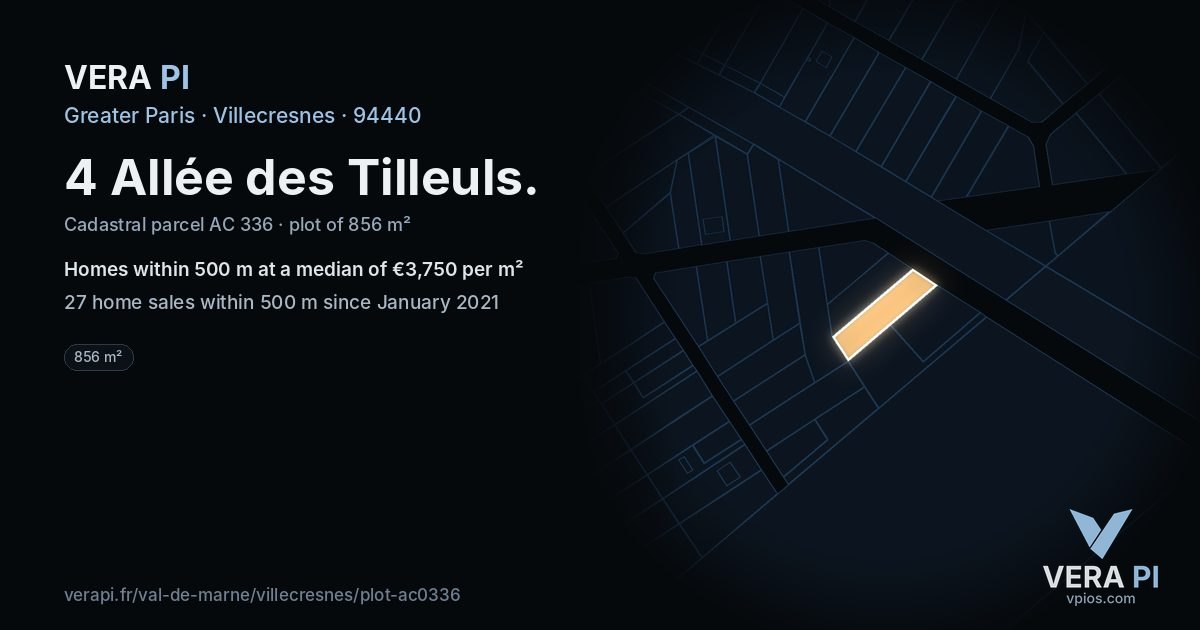 4 Allée des Tilleuls, Villecresnes at night – the plot lit, the parcels around coloured by the prices near them