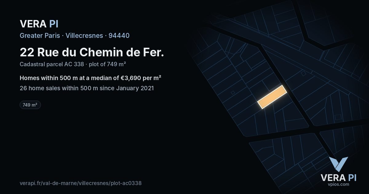 22 Rue du Chemin de Fer, Villecresnes at night – the plot lit, the parcels around coloured by the prices near them