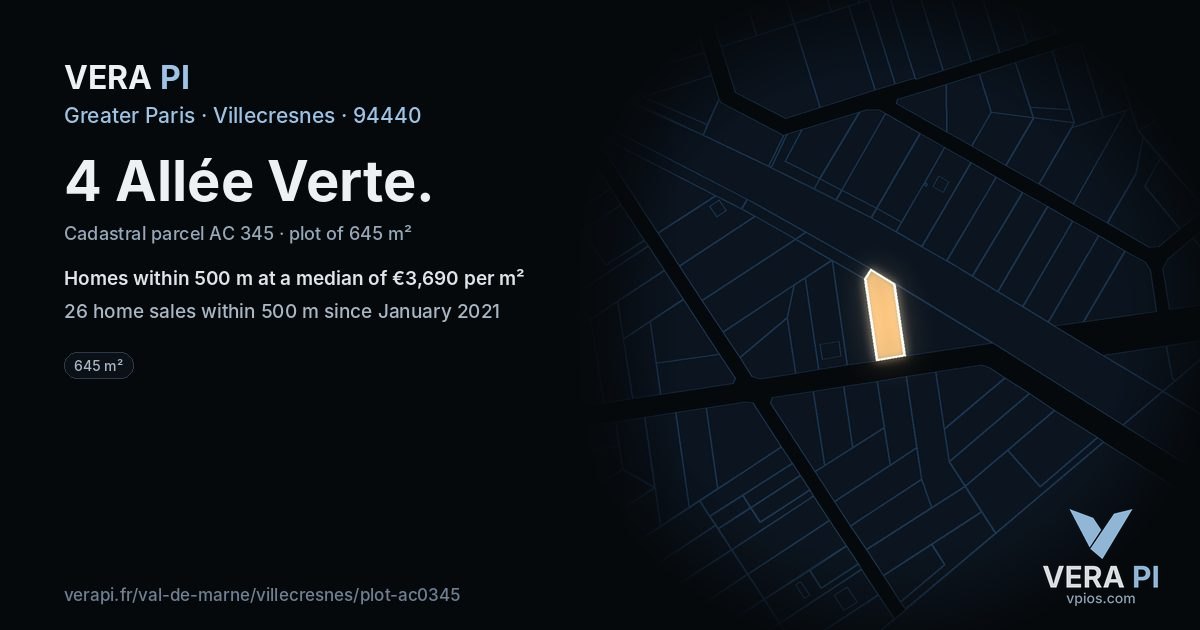 4 Allée Verte, Villecresnes at night – the plot lit, the parcels around coloured by the prices near them