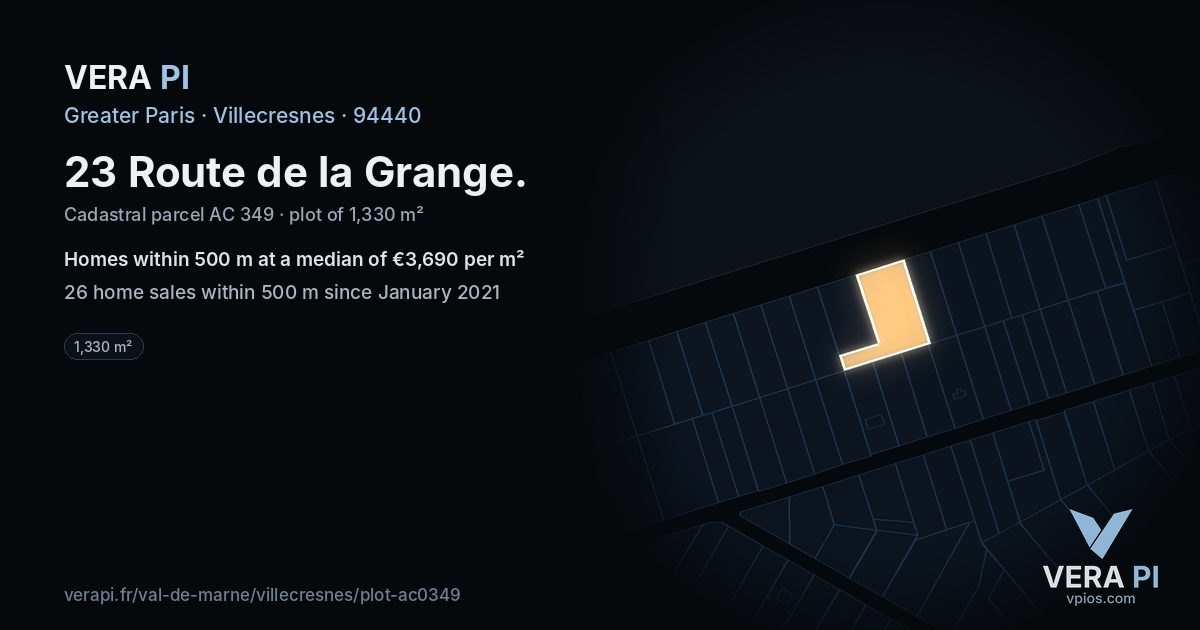 23 Route de la Grange, Villecresnes at night – the plot lit, the parcels around coloured by the prices near them