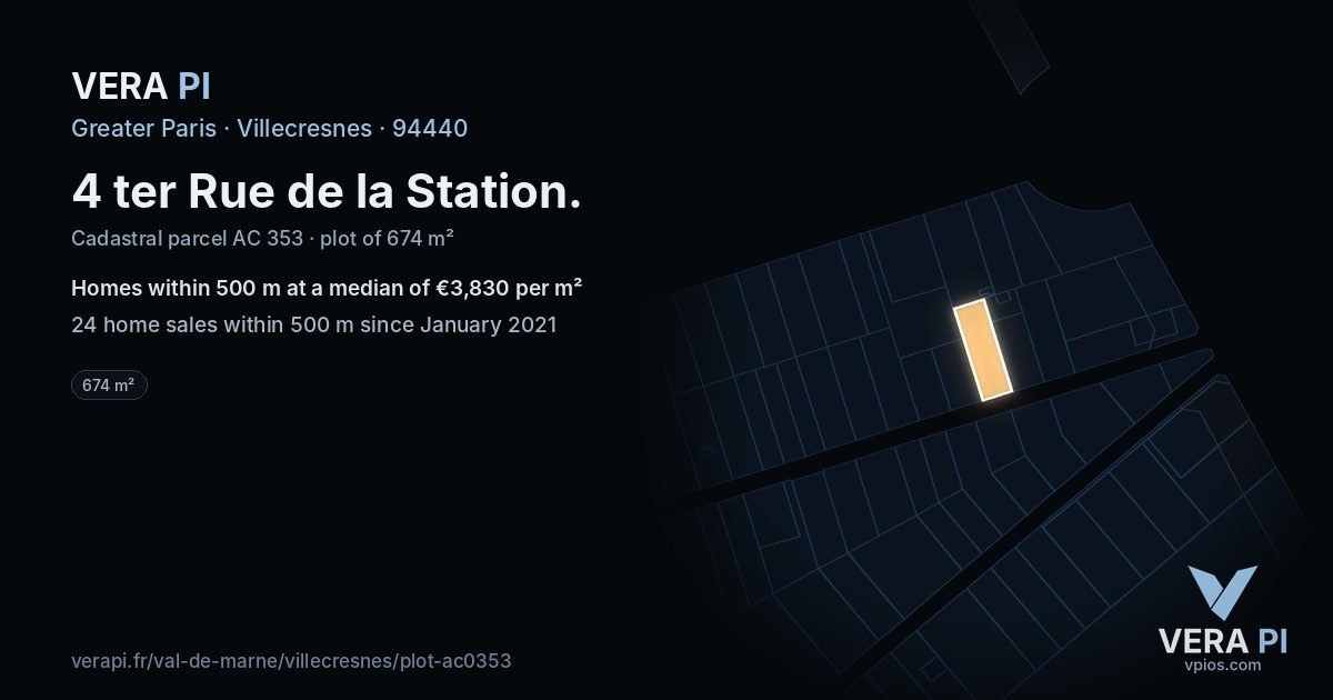4 ter Rue de la Station, Villecresnes at night – the plot lit, the parcels around coloured by the prices near them