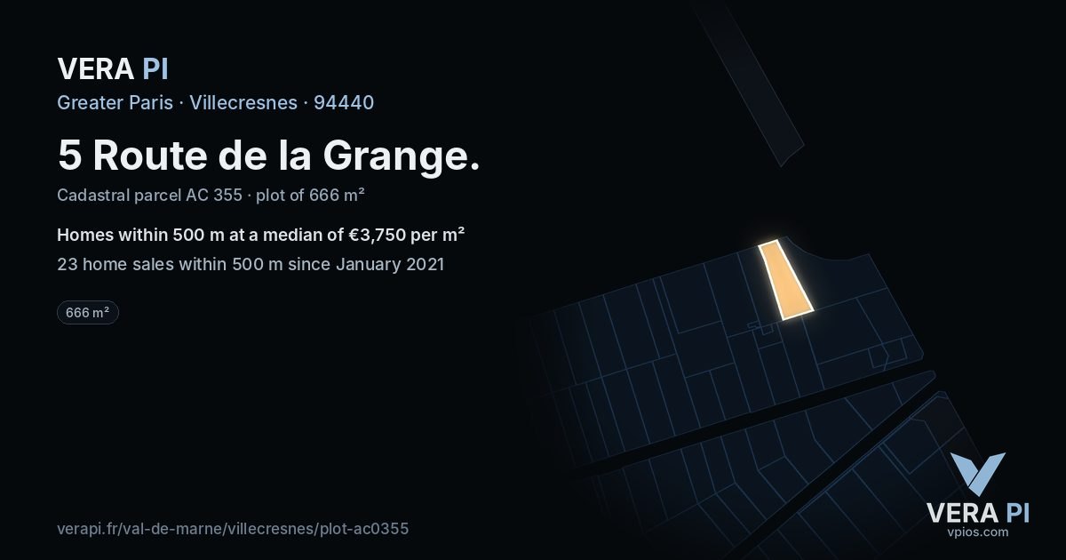 5 Route de la Grange, Villecresnes at night – the plot lit, the parcels around coloured by the prices near them