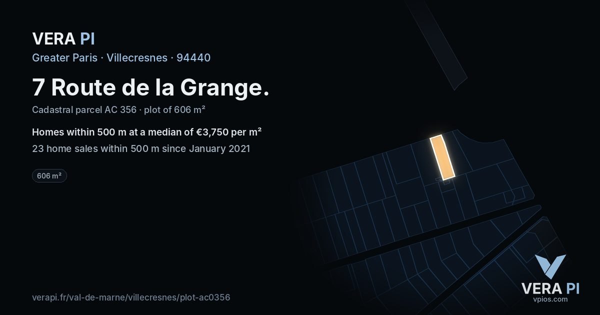 7 Route de la Grange, Villecresnes at night – the plot lit, the parcels around coloured by the prices near them