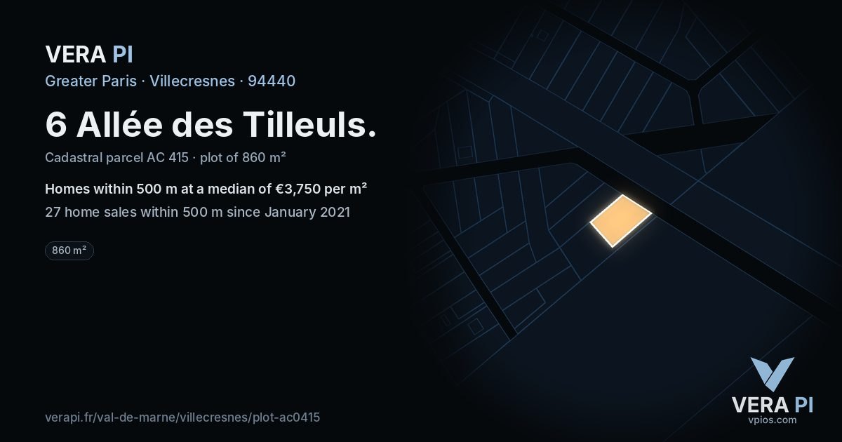 6 Allée des Tilleuls, Villecresnes at night – the plot lit, the parcels around coloured by the prices near them