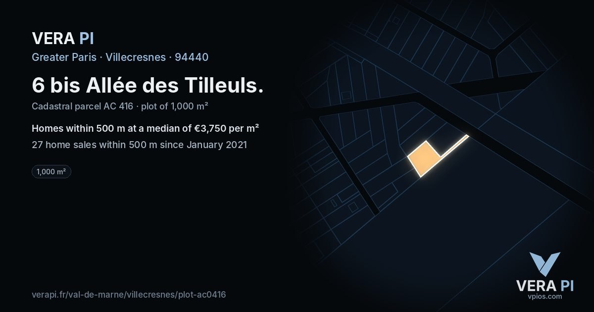 6 bis Allée des Tilleuls, Villecresnes at night – the plot lit, the parcels around coloured by the prices near them