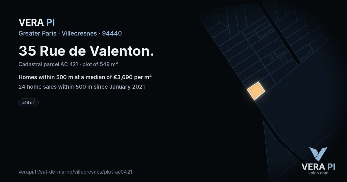 35 Rue de Valenton, Villecresnes at night – the plot lit, the parcels around coloured by the prices near them