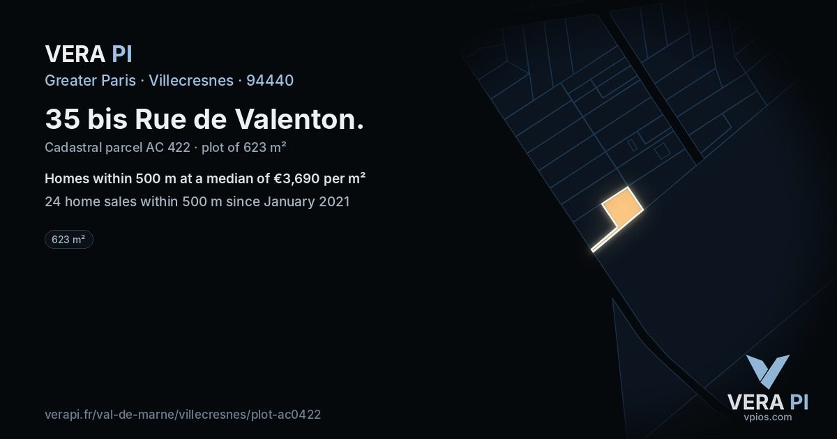 35 bis Rue de Valenton, Villecresnes at night – the plot lit, the parcels around coloured by the prices near them