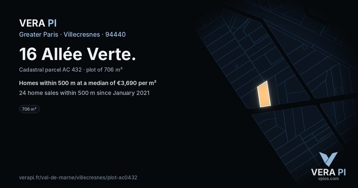 16 Allée Verte, Villecresnes at night – the plot lit, the parcels around coloured by the prices near them