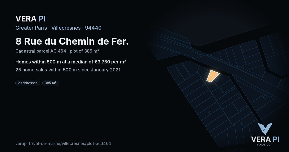 8 Rue du Chemin de Fer, Villecresnes at night – the plot lit, the parcels around coloured by the prices near them