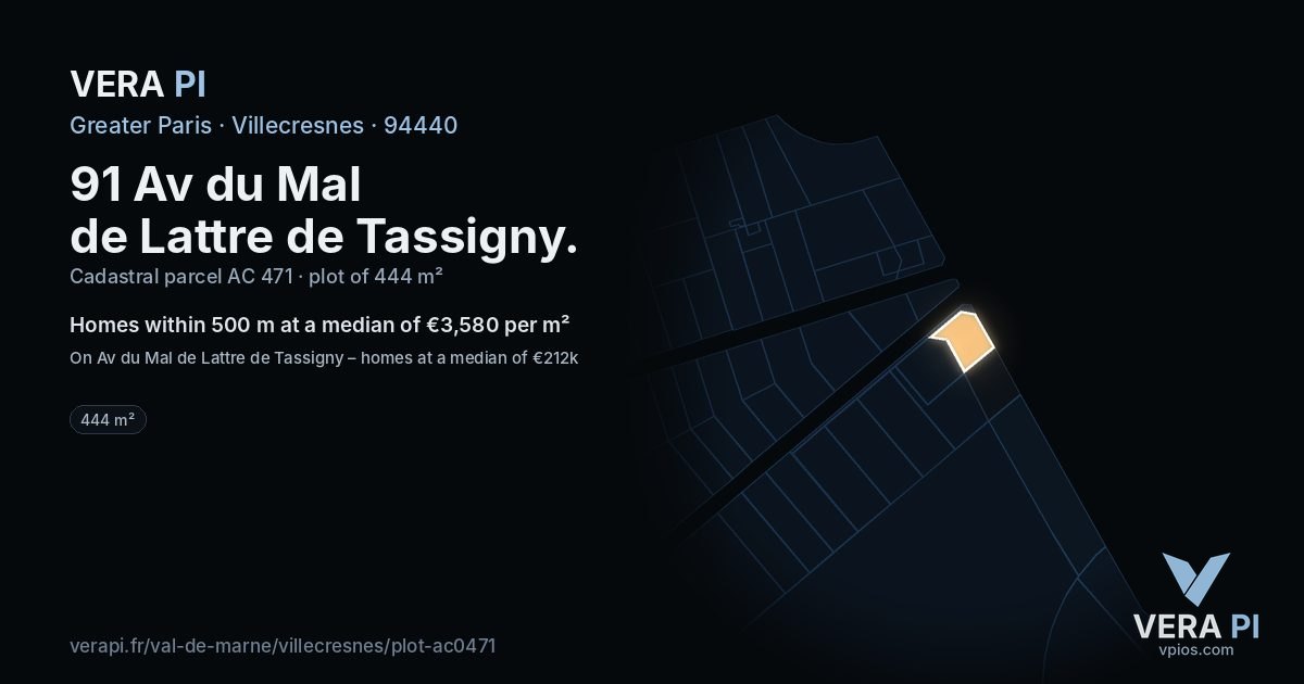 91 Av du Mal de Lattre de Tassigny, Villecresnes at night – the plot lit, the parcels around coloured by the prices near them