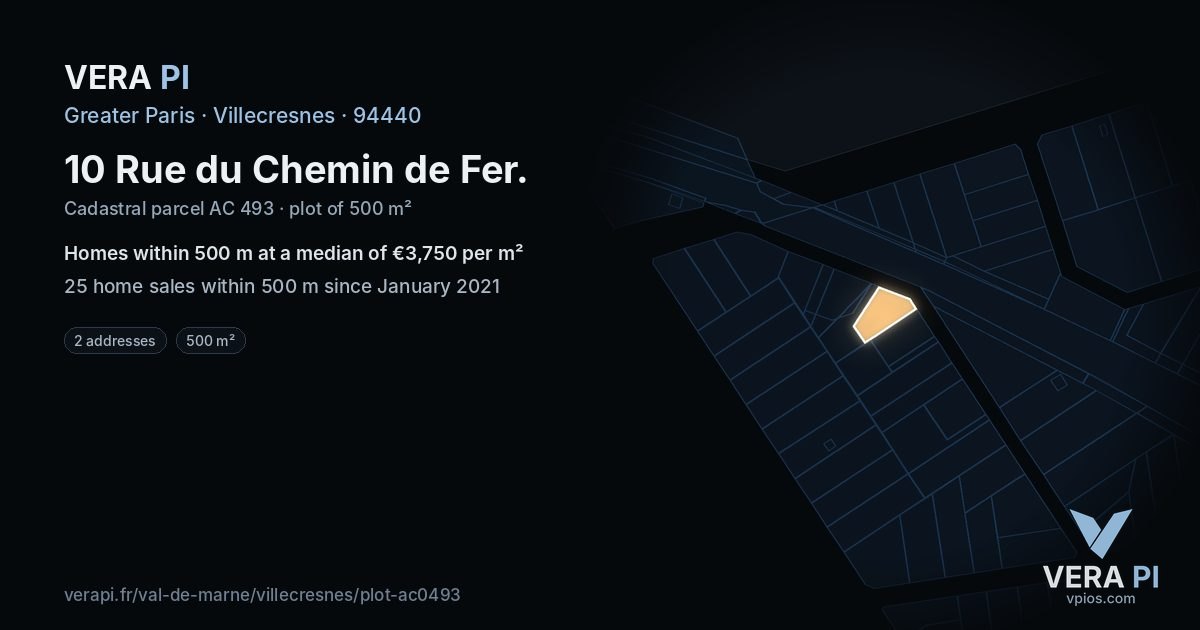 10 Rue du Chemin de Fer, Villecresnes at night – the plot lit, the parcels around coloured by the prices near them