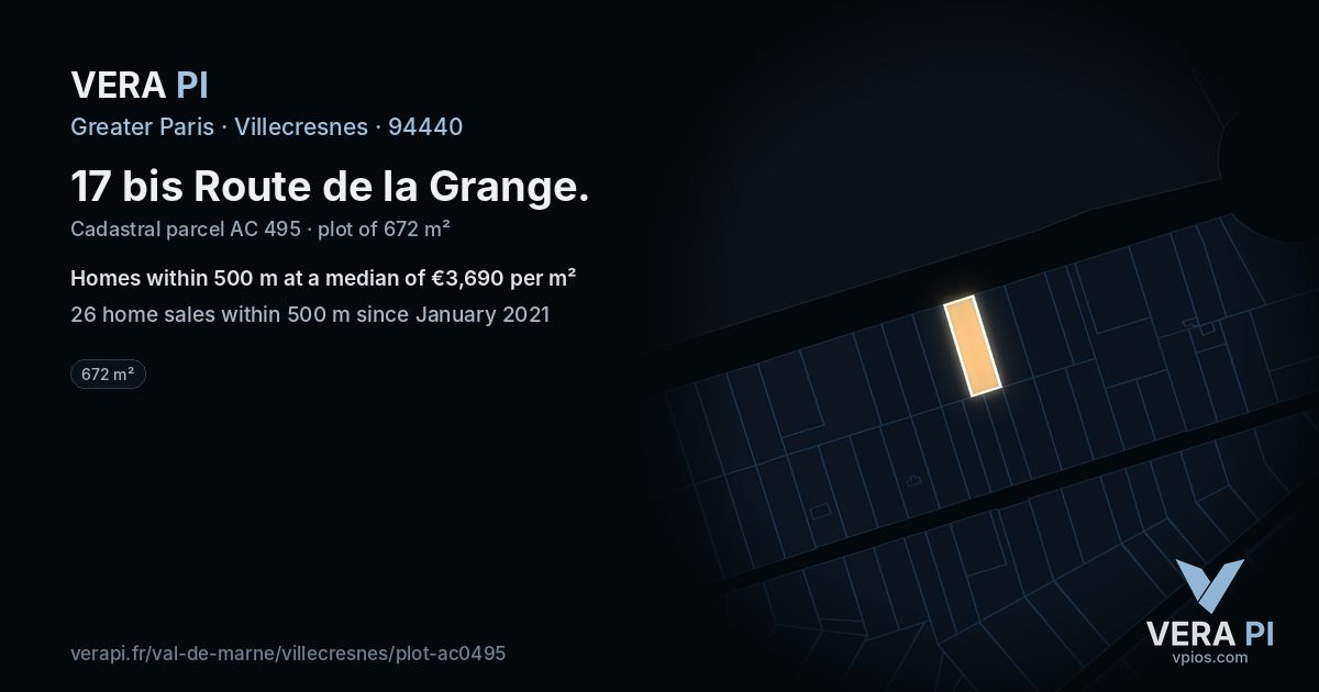 17 bis Route de la Grange, Villecresnes at night – the plot lit, the parcels around coloured by the prices near them