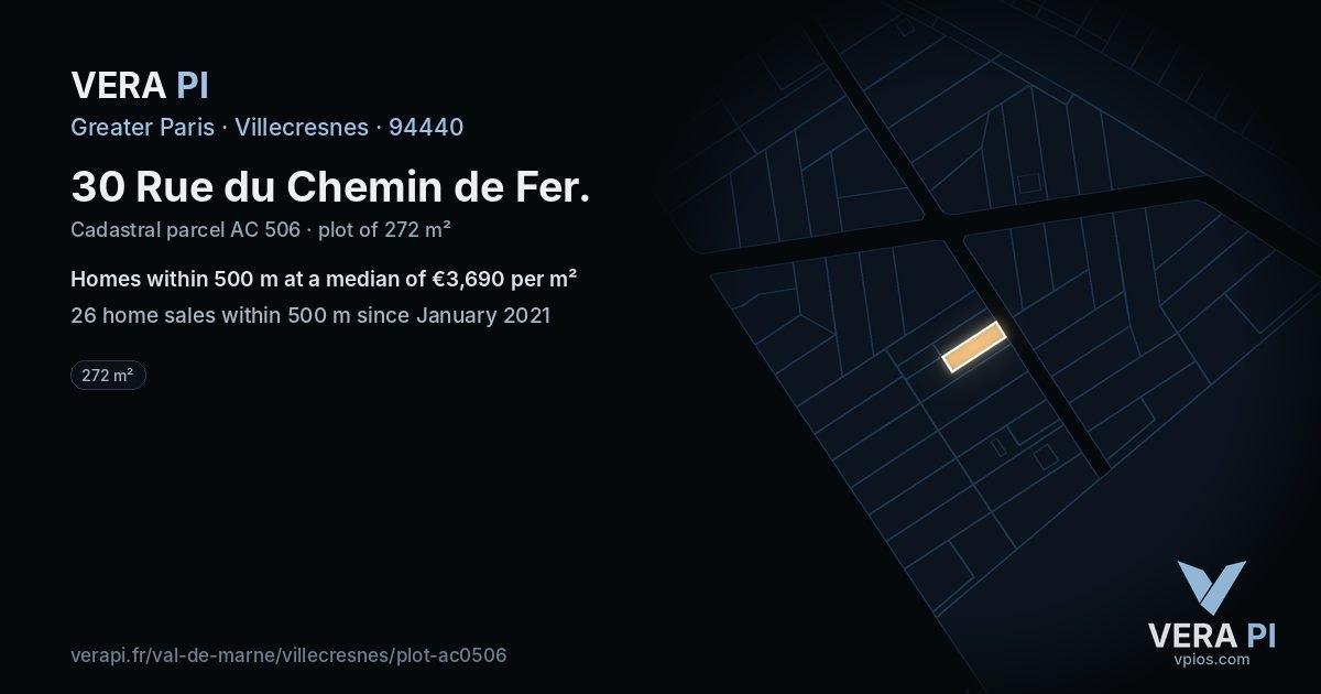 30 Rue du Chemin de Fer, Villecresnes at night – the plot lit, the parcels around coloured by the prices near them