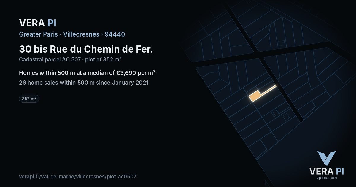 30 bis Rue du Chemin de Fer, Villecresnes at night – the plot lit, the parcels around coloured by the prices near them
