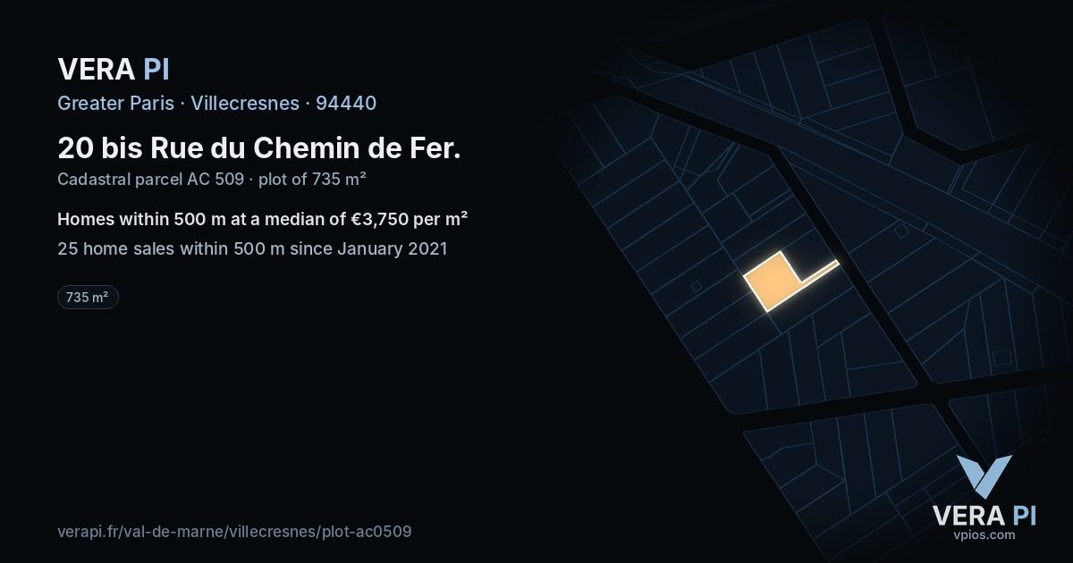 20 bis Rue du Chemin de Fer, Villecresnes at night – the plot lit, the parcels around coloured by the prices near them