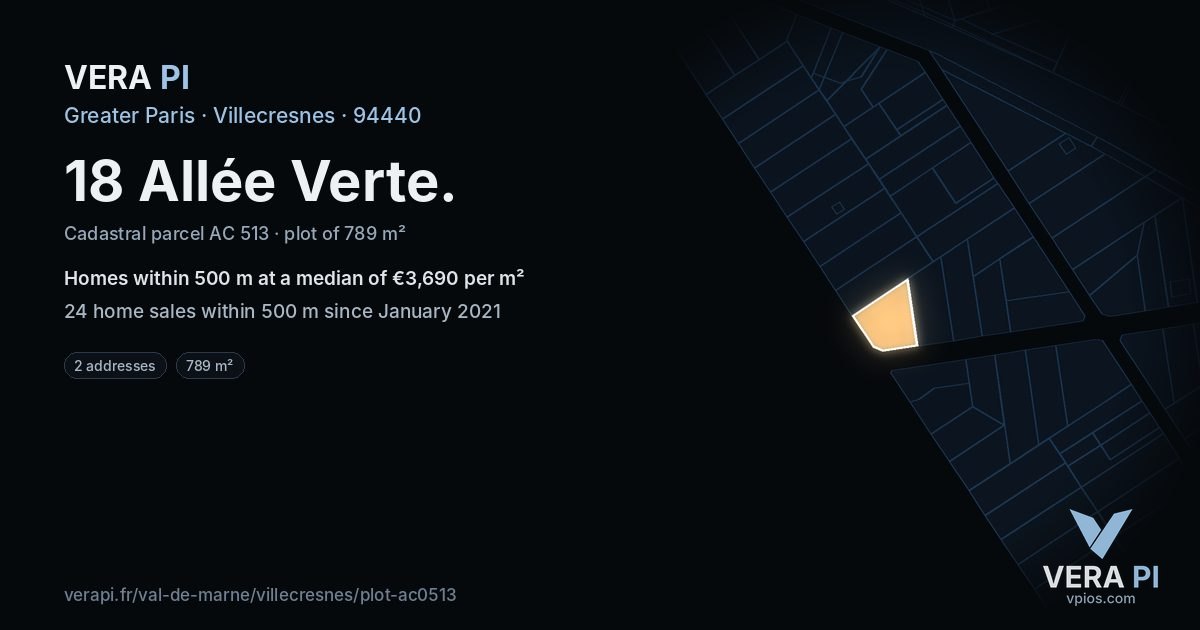 18 Allée Verte, Villecresnes at night – the plot lit, the parcels around coloured by the prices near them
