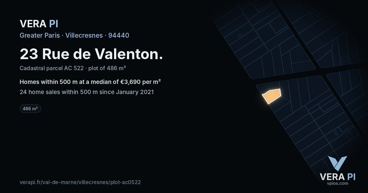 23 Rue de Valenton, Villecresnes at night – the plot lit, the parcels around coloured by the prices near them