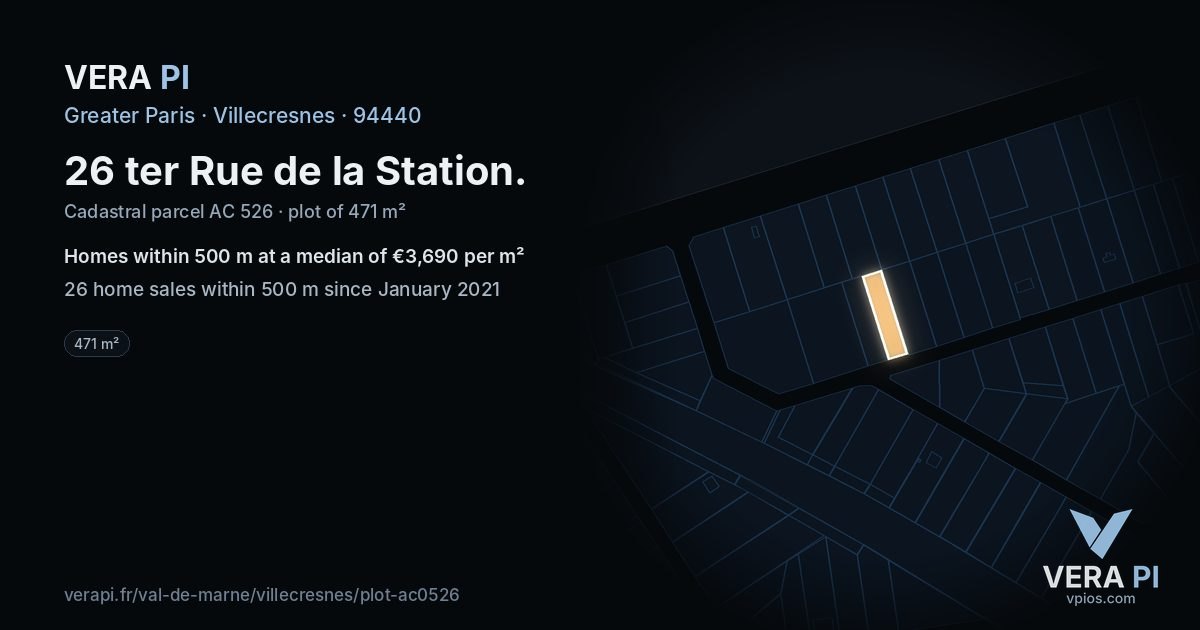 26 ter Rue de la Station, Villecresnes at night – the plot lit, the parcels around coloured by the prices near them