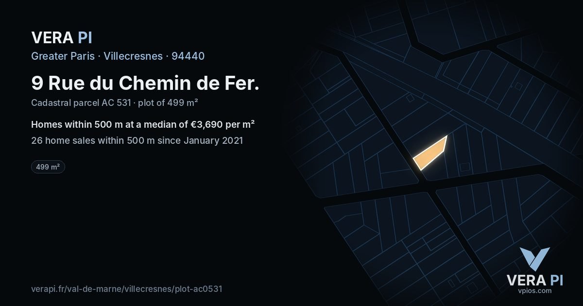 9 Rue du Chemin de Fer, Villecresnes at night – the plot lit, the parcels around coloured by the prices near them