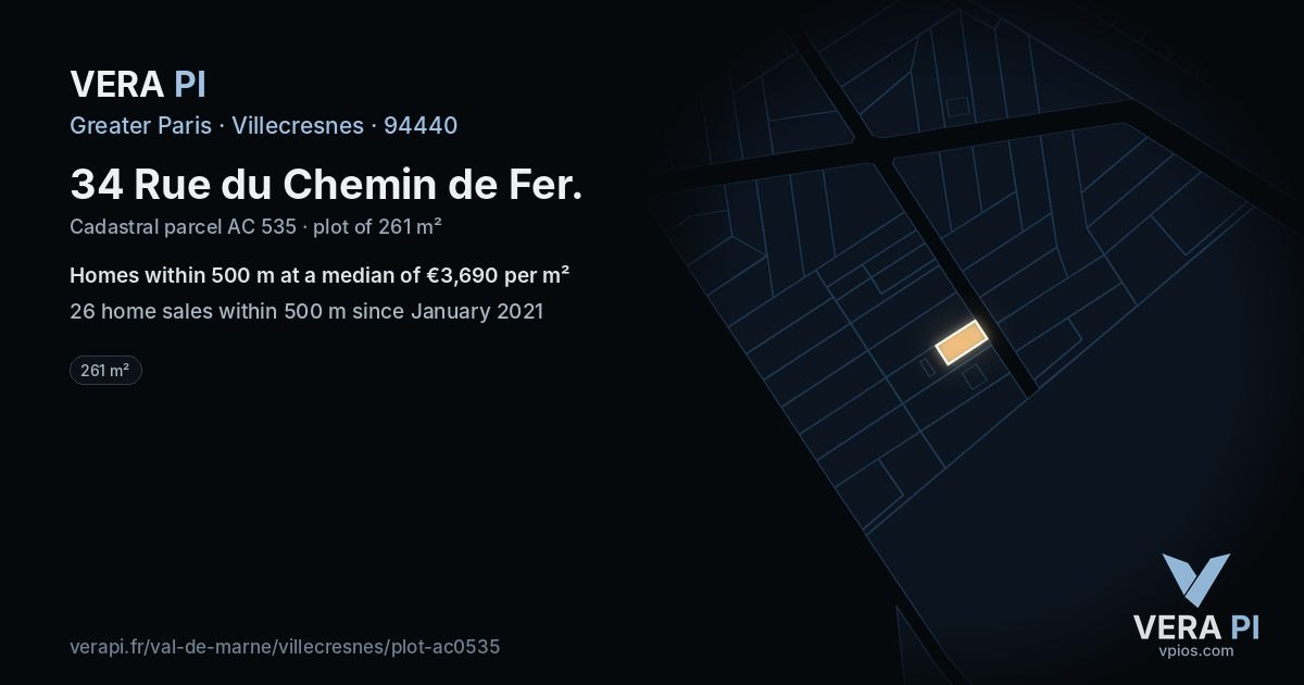 34 Rue du Chemin de Fer, Villecresnes at night – the plot lit, the parcels around coloured by the prices near them