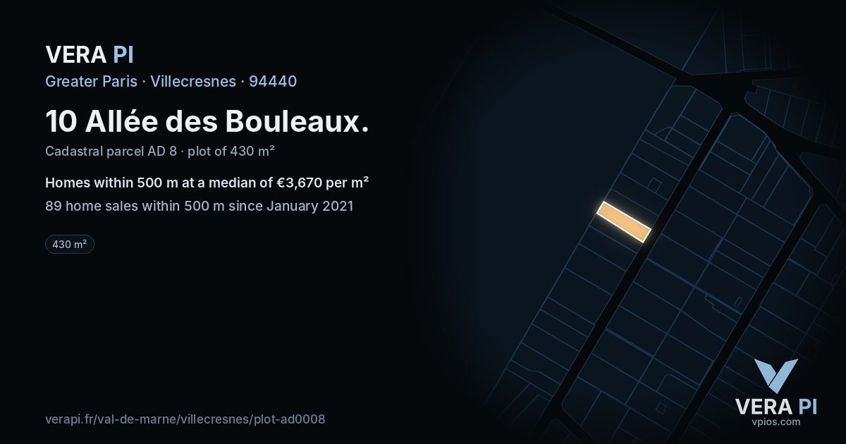 10 Allée des Bouleaux, Villecresnes at night – the plot lit, the parcels around coloured by the prices near them