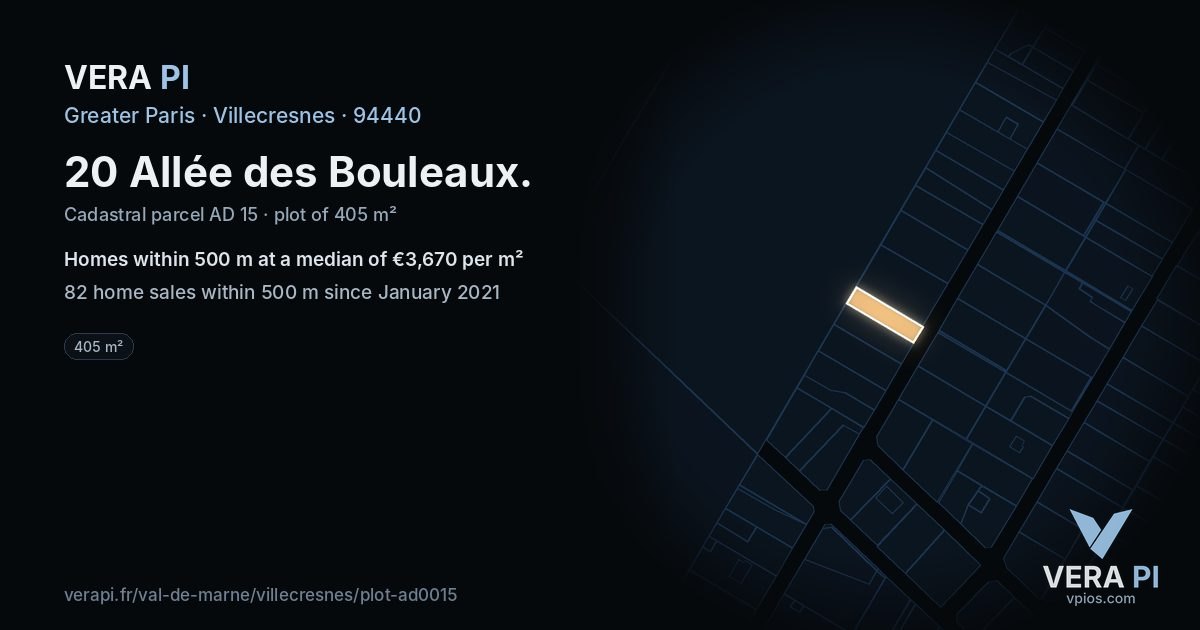 20 Allée des Bouleaux, Villecresnes at night – the plot lit, the parcels around coloured by the prices near them