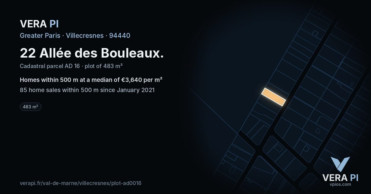 22 Allée des Bouleaux, Villecresnes at night – the plot lit, the parcels around coloured by the prices near them