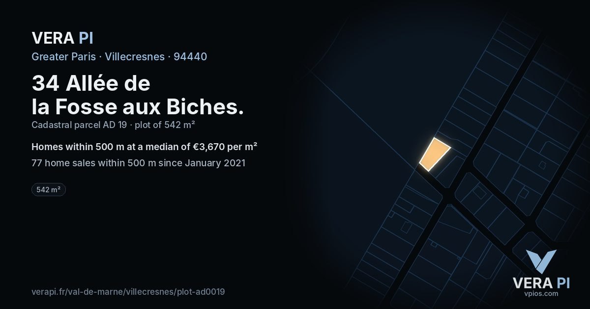 34 Allée de la Fosse aux Biches, Villecresnes at night – the plot lit, the parcels around coloured by the prices near them