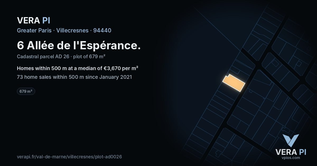 6 Allée de l'Espérance, Villecresnes at night – the plot lit, the parcels around coloured by the prices near them