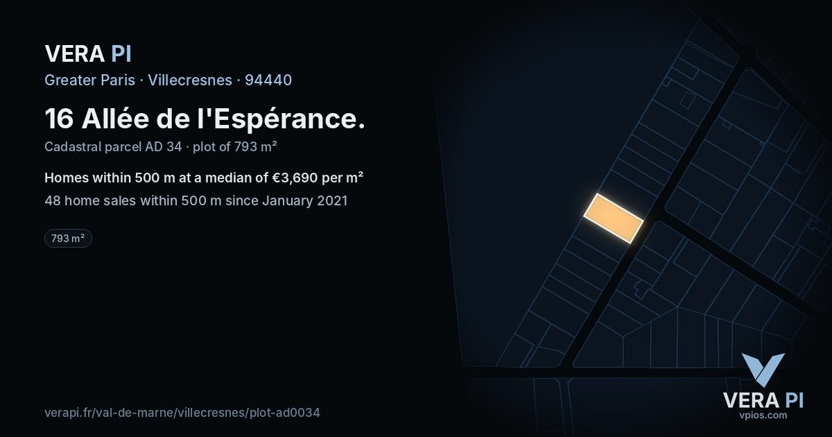 16 Allée de l'Espérance, Villecresnes at night – the plot lit, the parcels around coloured by the prices near them